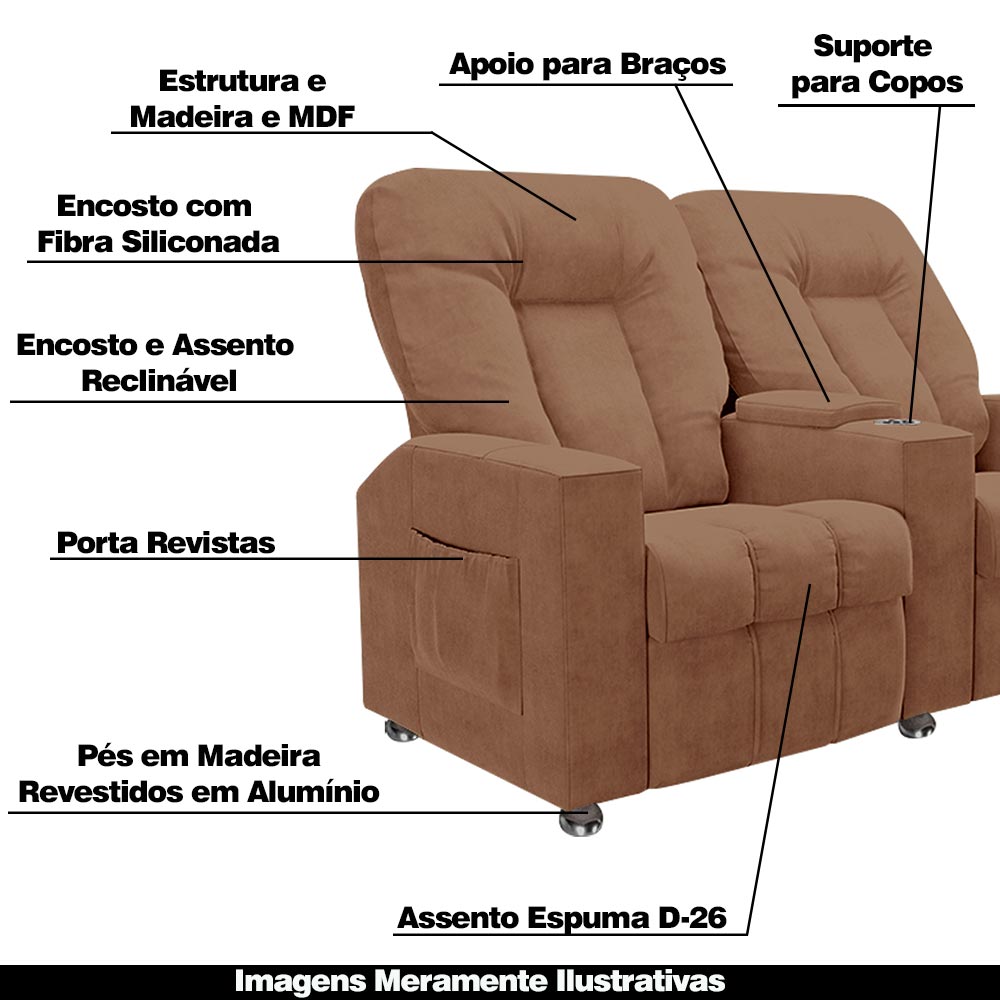 Poltrona Reclinável 2 Lugares para Sala de Cinema Pequim Veludo Terracota G23 - Gran Belo