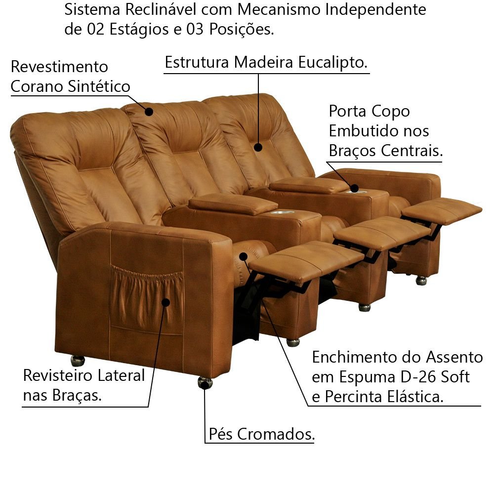 Poltrona Reclinável 3 lugares para Sala de Cinema Pequim Corano Caramelo - Gran Belo