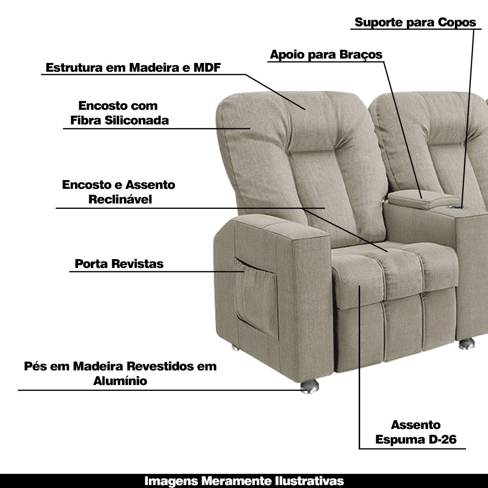 Poltrona Reclinável 3 lugares para Sala de Cinema Pequim Linho Bege G23 - Gran Belo