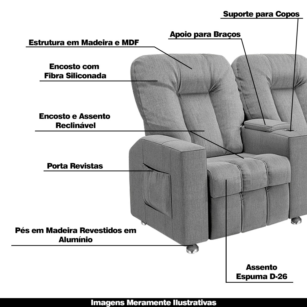Poltrona Reclinável 3 lugares para Sala de Cinema Pequim Linho Cinza G23 - Gran Belo