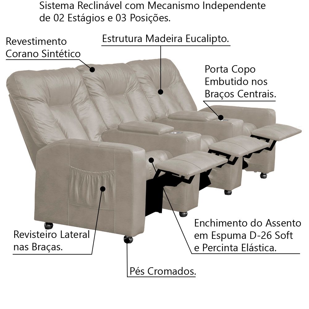 Poltrona Reclinável 3 lugares para Sala de Cinema Pequim PU Bege G23 - Gran Belo