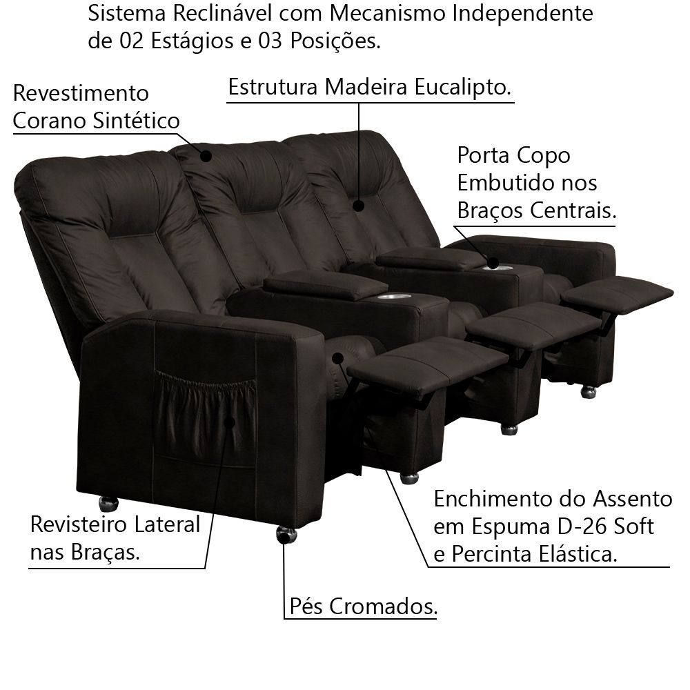 Poltrona Reclinável 3 lugares para Sala de Cinema Pequim PU Marrom G23 - Gran Belo