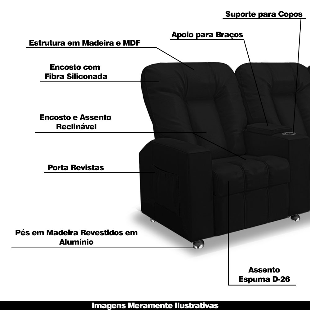 Poltrona Reclinável 3 lugares para Sala de Cinema Pequim PU Preto G23 - Gran Belo