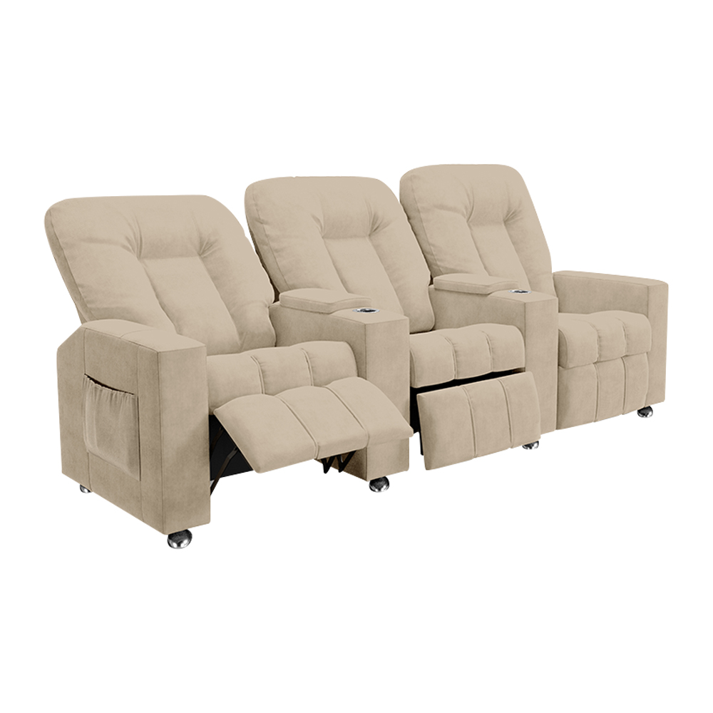 Poltrona Reclinável 3 lugares para Sala de Cinema Pequim Suede Bege G23 - Gran Belo