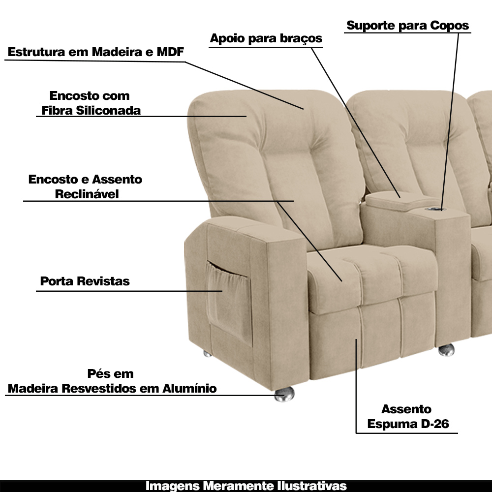 Poltrona Reclinável 3 lugares para Sala de Cinema Pequim Suede Bege G23 - Gran Belo