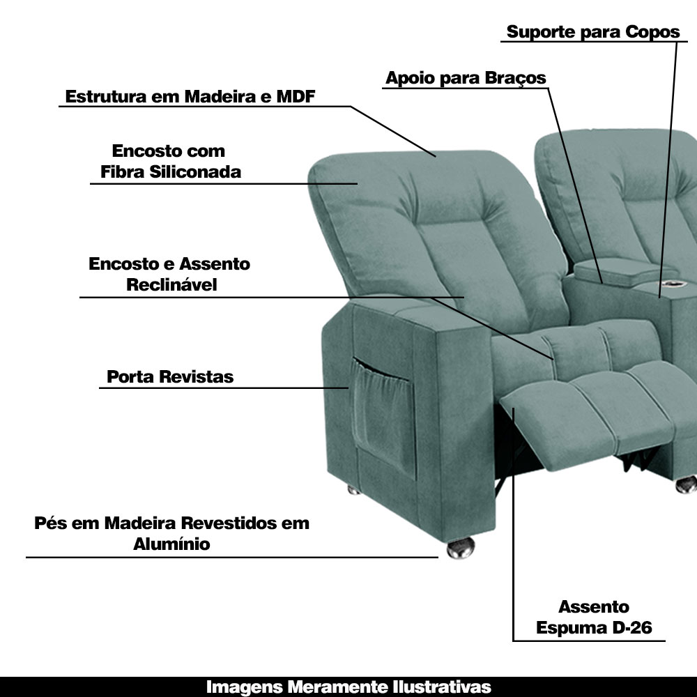 Poltrona Reclinável 3 lugares para Sala de Cinema Pequim Veludo Azul Claro G23 - Gran Belo