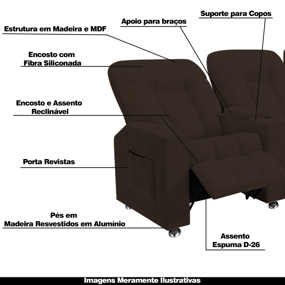Poltrona Reclinável 3 lugares para Sala de Cinema Pequim Veludo Marrom G23 - Gran Belo