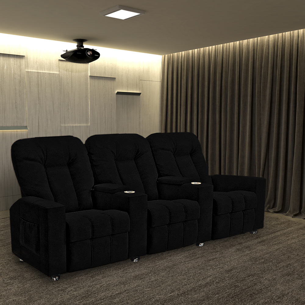 Poltrona Reclinável 3 lugares para Sala de Cinema Pequim Veludo Preto G23 - Gran Belo