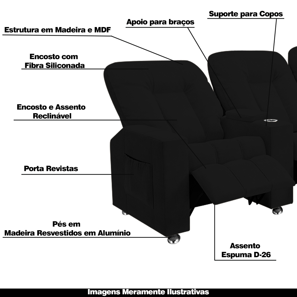 Poltrona Reclinável 3 lugares para Sala de Cinema Pequim Veludo Preto G23 - Gran Belo