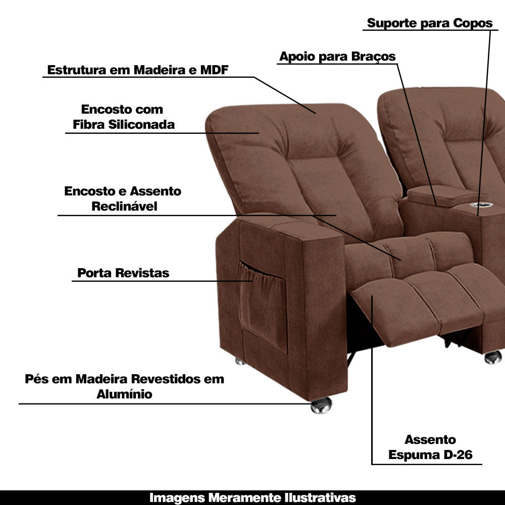 Poltrona Reclinável 3 lugares para Sala de Cinema Pequim Veludo Terracota G23 - Gran Belo