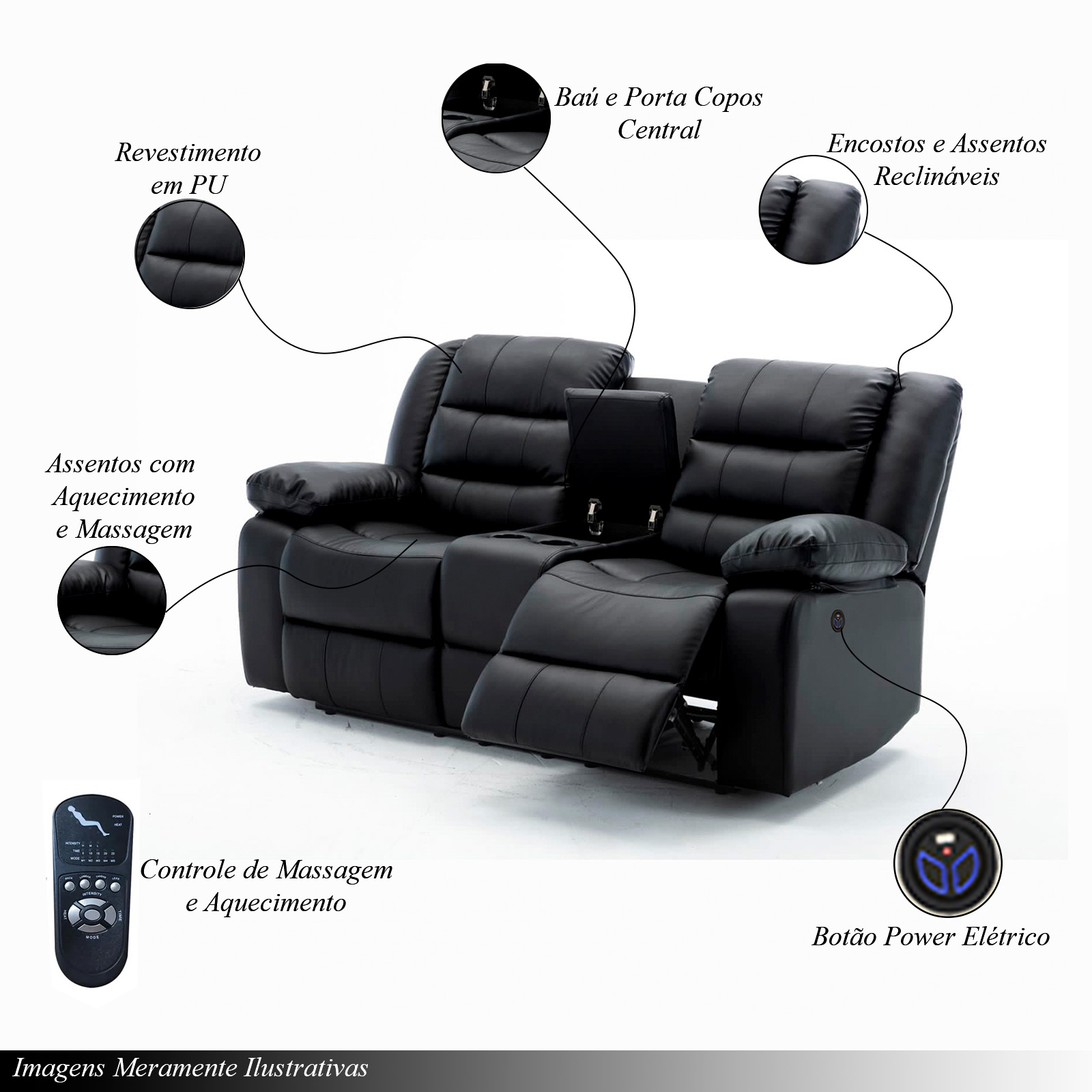 Poltrona Reclinável Elétrica Sala de Cinema Oscar 2 Lugares Baú/Massagem/Aquecimento PU Preto G31 - Laura Lar