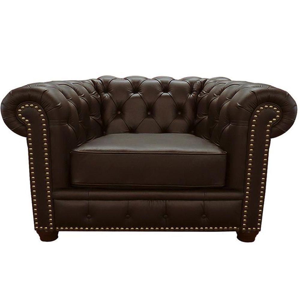 Poltrona Sala de Estar Chesterfield com Pés Madeira Couro Capucino G40 - Gran Belo