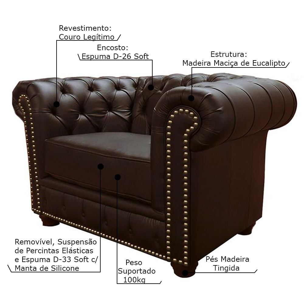 Poltrona Sala de Estar Chesterfield com Pés Madeira Couro Capucino G40 - Gran Belo