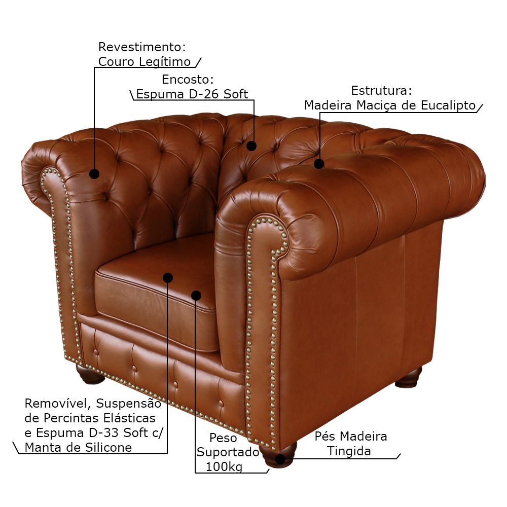 Poltrona Sala de Estar Chesterfield com Pés Madeira Couro Conhaque Brilho - Gran Belo