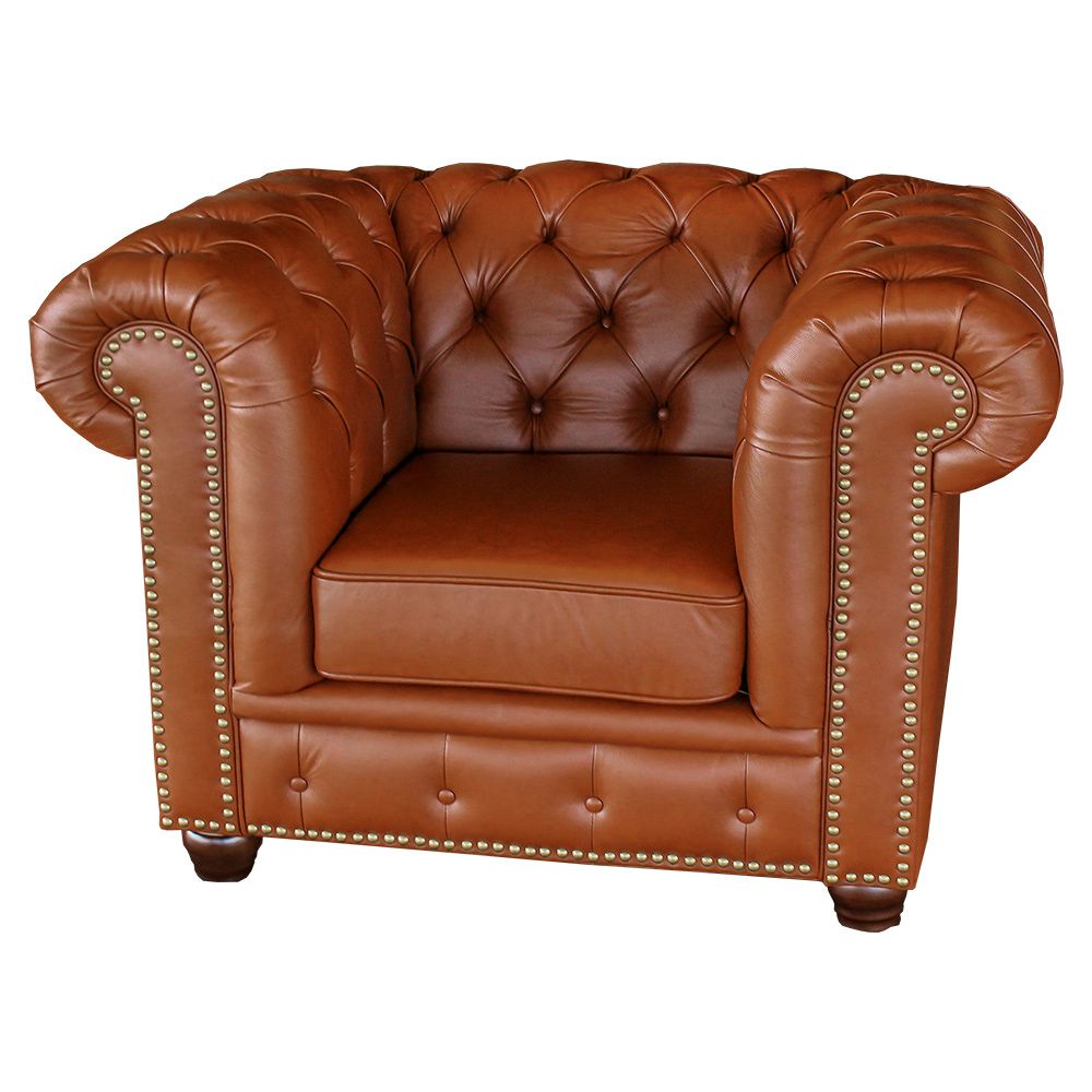 Poltrona Sala de Estar Chesterfield com Pés Madeira Couro Conhaque Brilho - Gran Belo