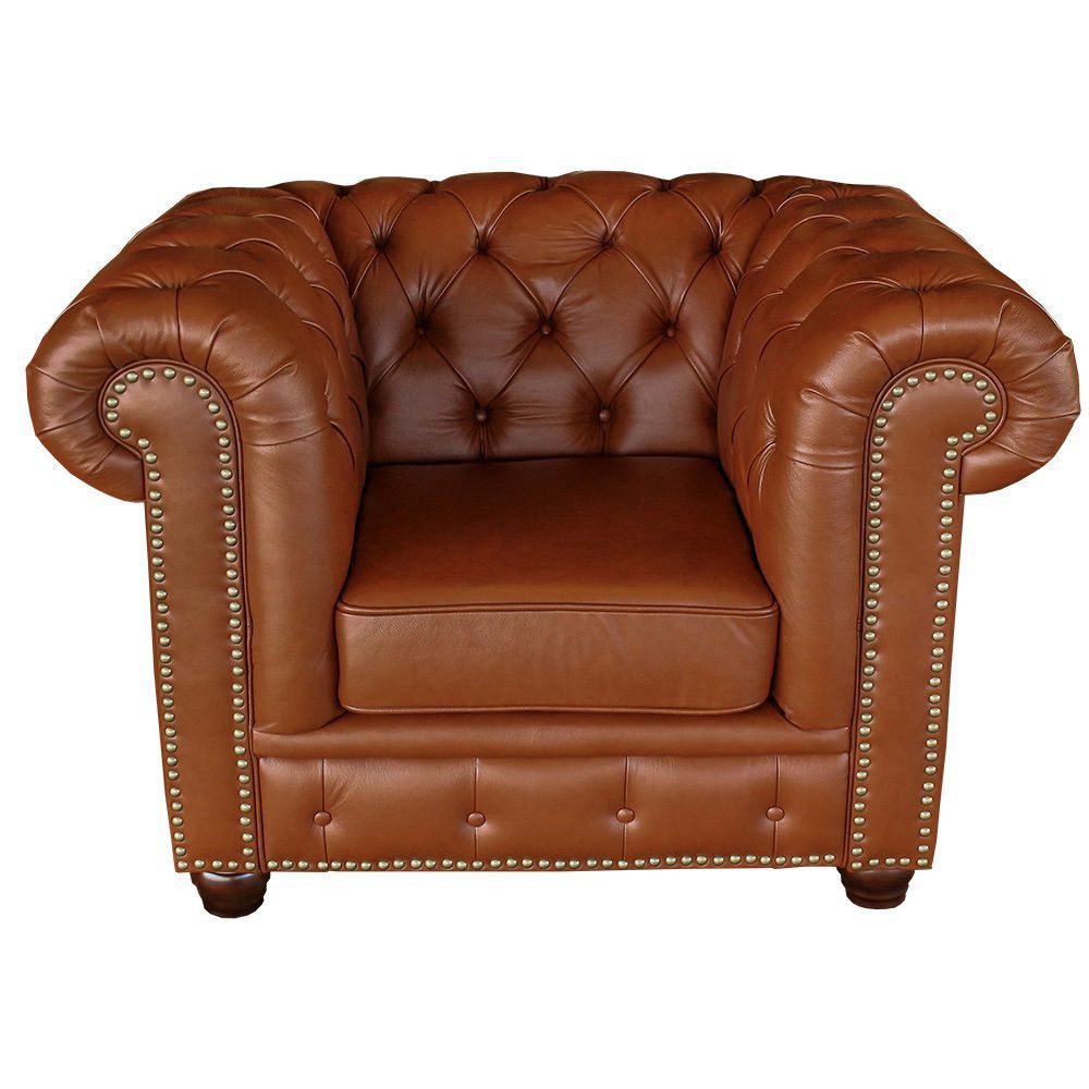 Poltrona Sala de Estar Chesterfield com Pés Madeira Couro Conhaque Brilho G40 - Gran Belo