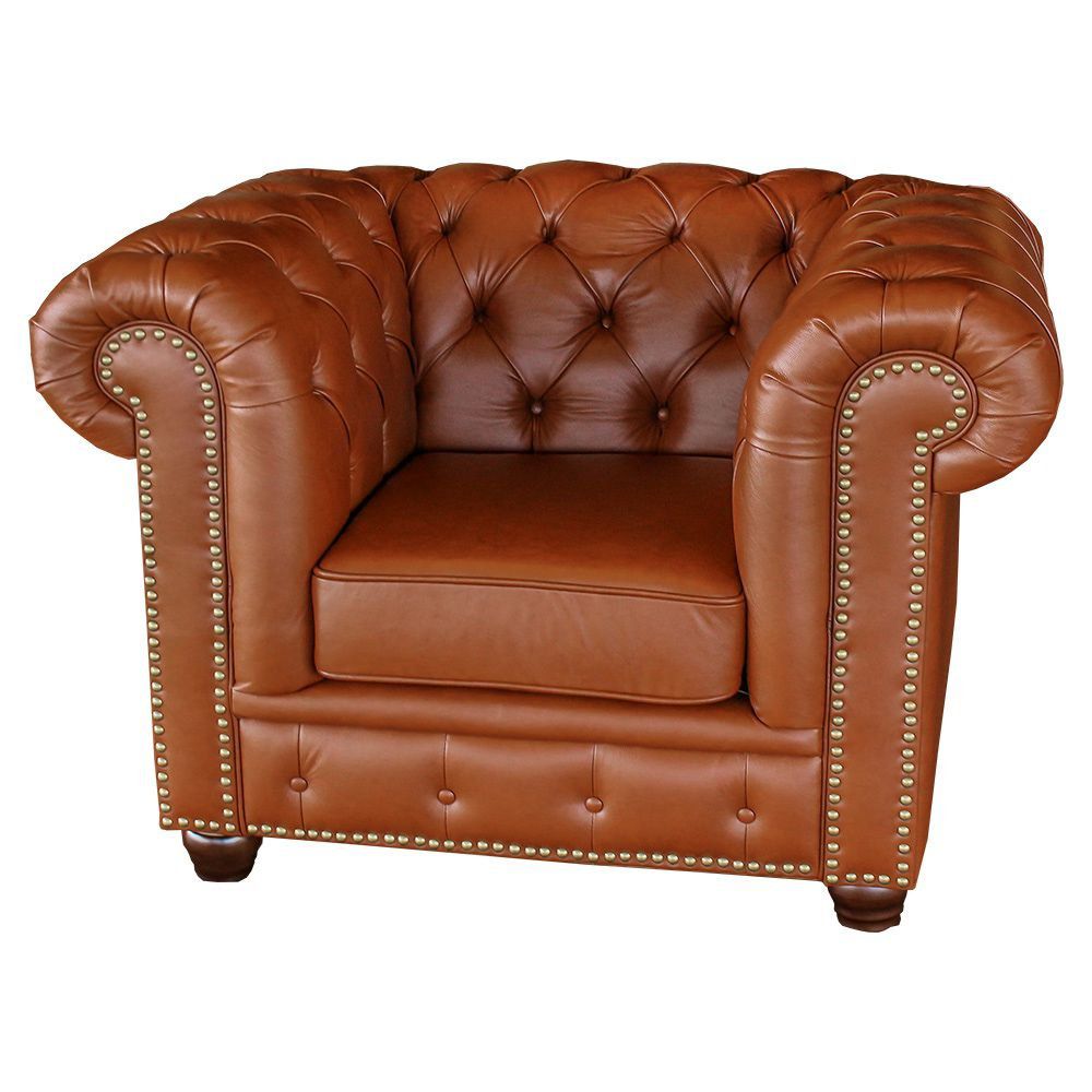 Poltrona Sala de Estar Chesterfield com Pés Madeira Couro Conhaque Brilho G40 - Gran Belo