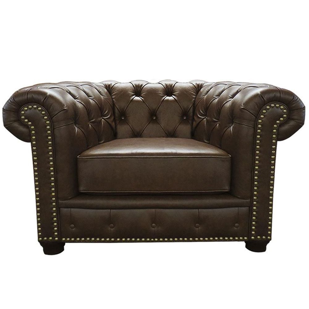 Poltrona Sala de Estar Chesterfield com Pés Madeira Couro Marrom - Gran Belo