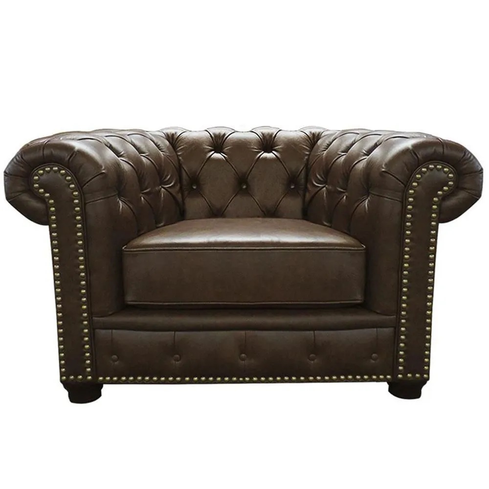 Poltrona Sala de Estar Chesterfield com Pés Madeira Couro Marrom G40 - Gran Belo