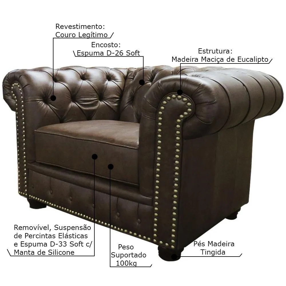 Poltrona Sala de Estar Chesterfield com Pés Madeira Couro Marrom G40 - Gran Belo
