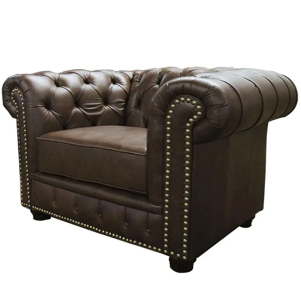 Poltrona Sala de Estar Chesterfield com Pés Madeira Couro Marrom G40 - Gran Belo