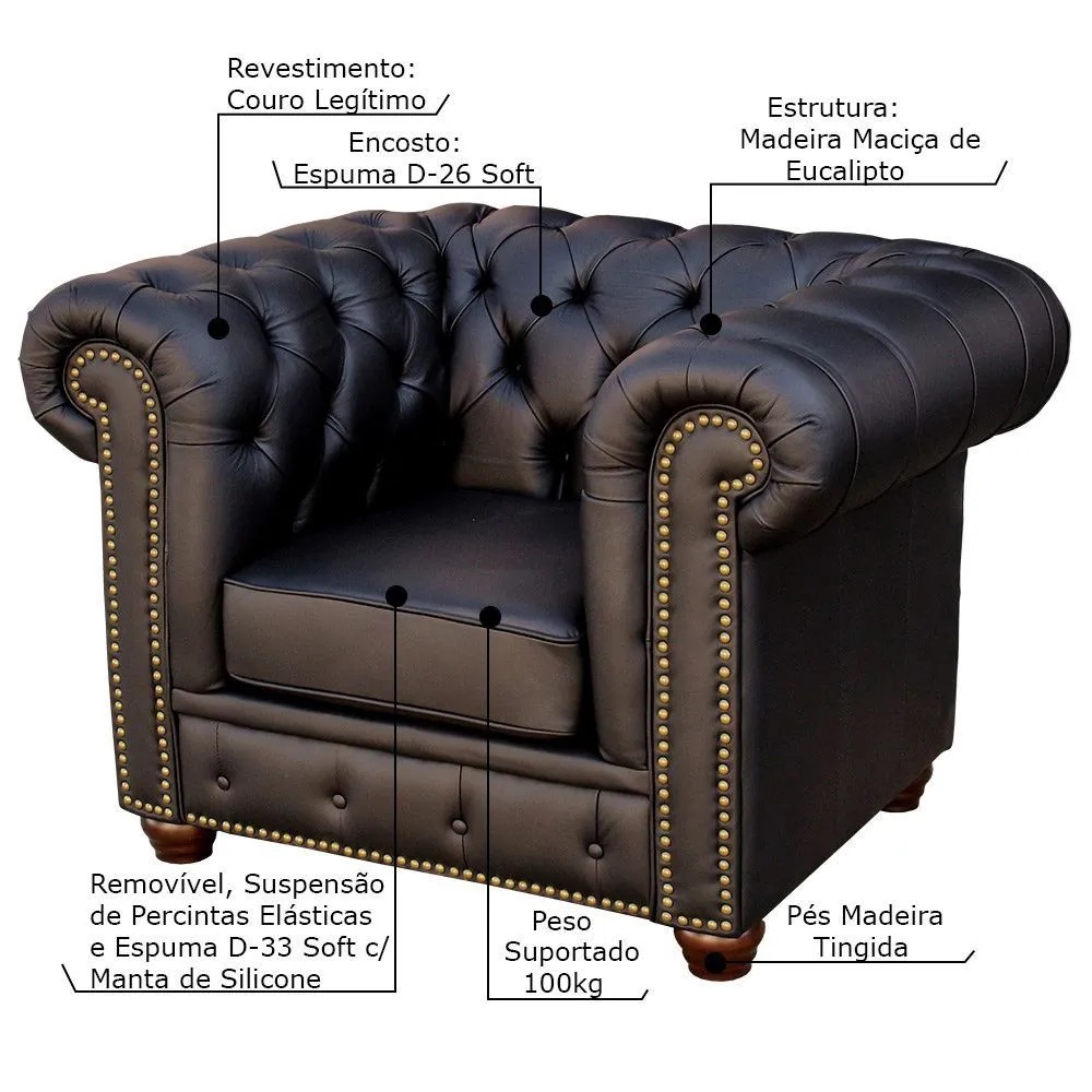 Poltrona Sala de Estar Chesterfield com Pés Madeira Couro Preto - Gran Belo