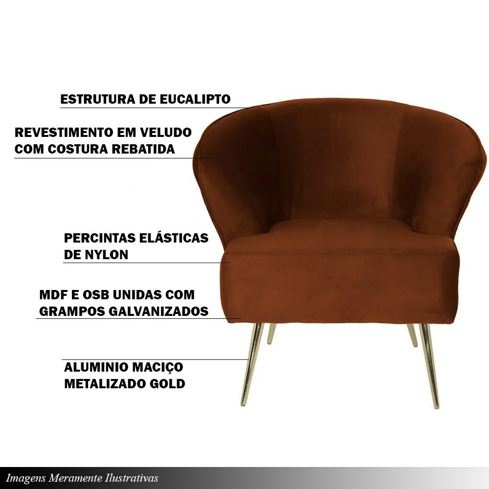 Poltrona Sala de Estar Decorativa Base Alumínio Lucca Veludo Telha G15 - Gran Belo