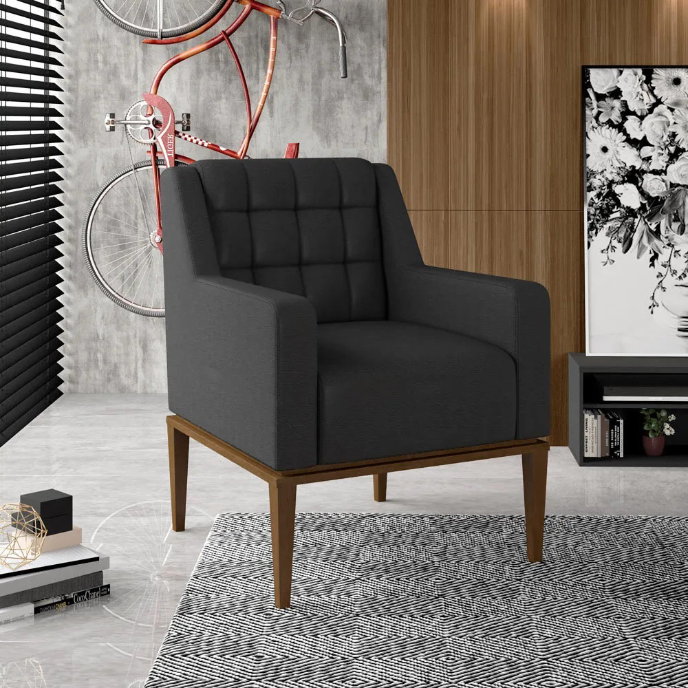 Poltrona Sala de Estar Decorativa Base Madeira Madonna PU Preto G52 - Gran Belo