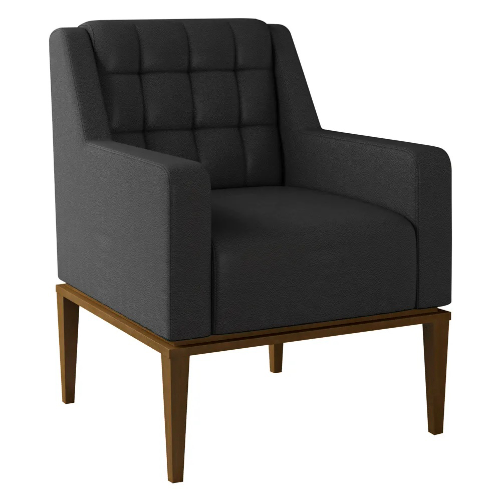 Poltrona Sala de Estar Decorativa Base Madeira Madonna PU Preto G52 - Gran Belo