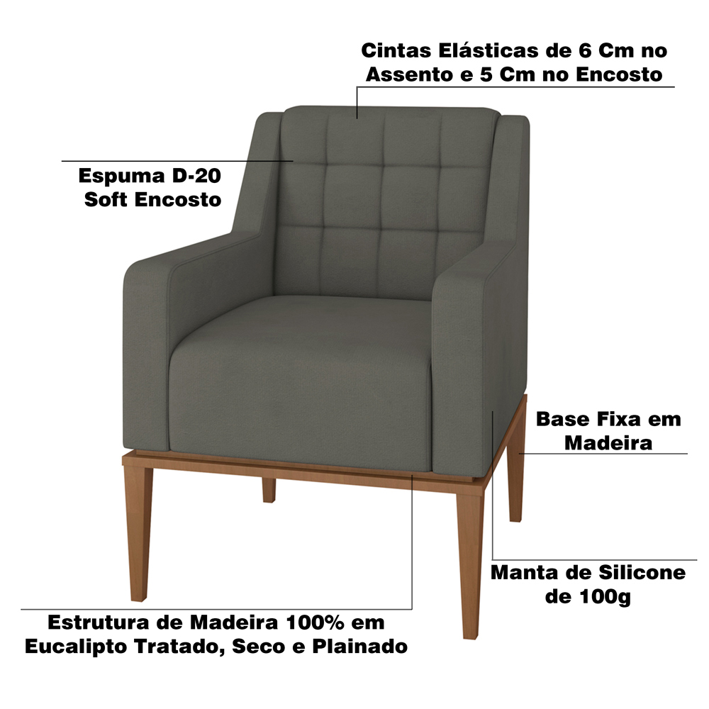 Poltrona Sala de Estar Decorativa Base Madeira Madonna Suede Grafite G52 - Gran Belo