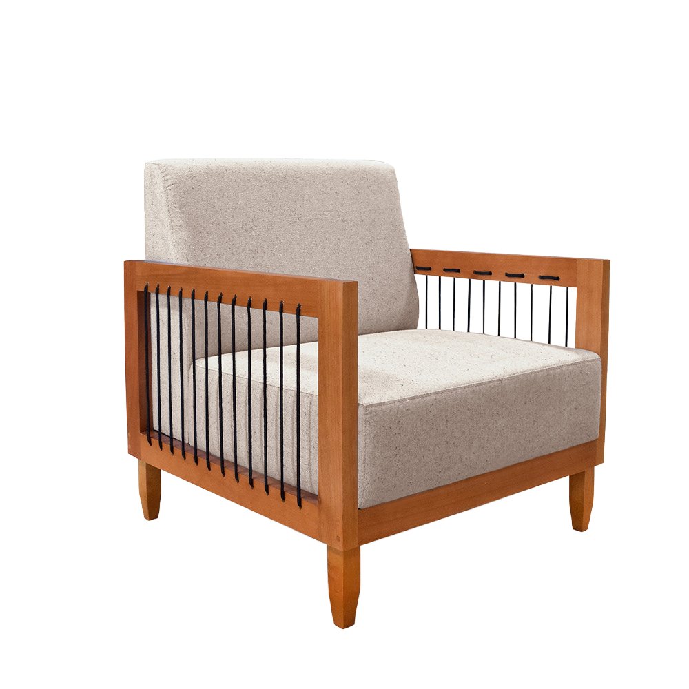 Poltrona Sala de Estar Pés Madeira Maciça Corda Náutica Preta 75cm Manila Linho Areia Rústico G63 - Gran Belo