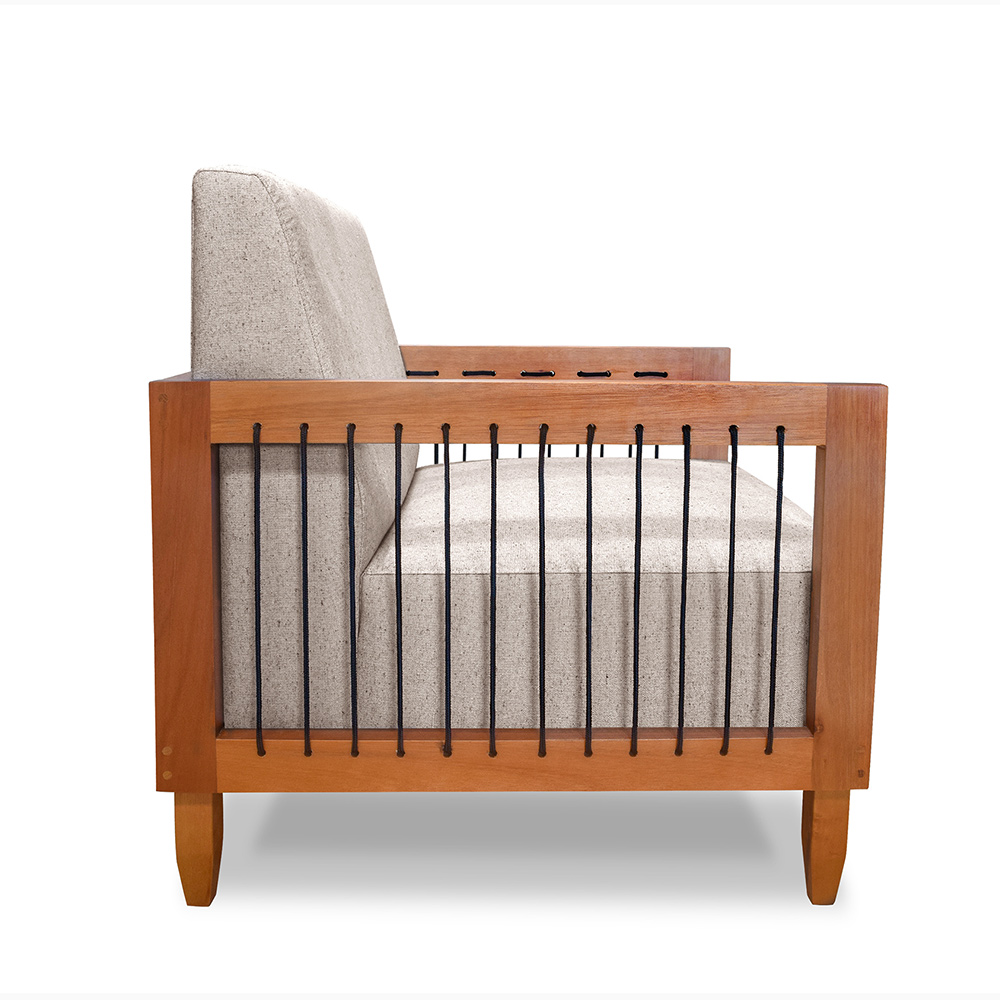 Poltrona Sala de Estar Pés Madeira Maciça Corda Náutica Preta 75cm Manila Linho Areia Rústico G63 - Gran Belo