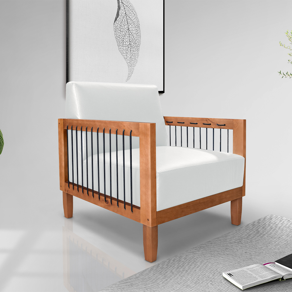 Poltrona Sala de Estar Pés Madeira Maciça Corda Náutica Preta 75cm Manila PU Branco G63 - Gran Belo