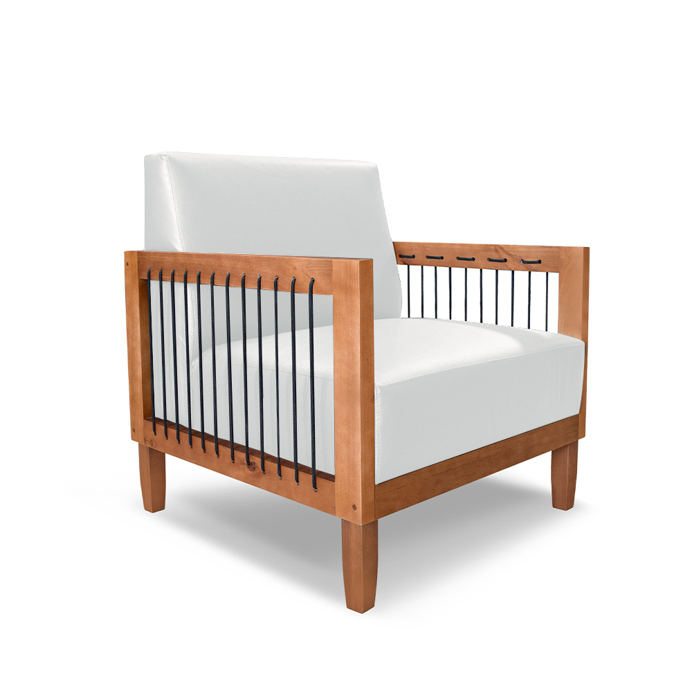 Poltrona Sala de Estar Pés Madeira Maciça Corda Náutica Preta 75cm Manila PU Branco G63 - Gran Belo