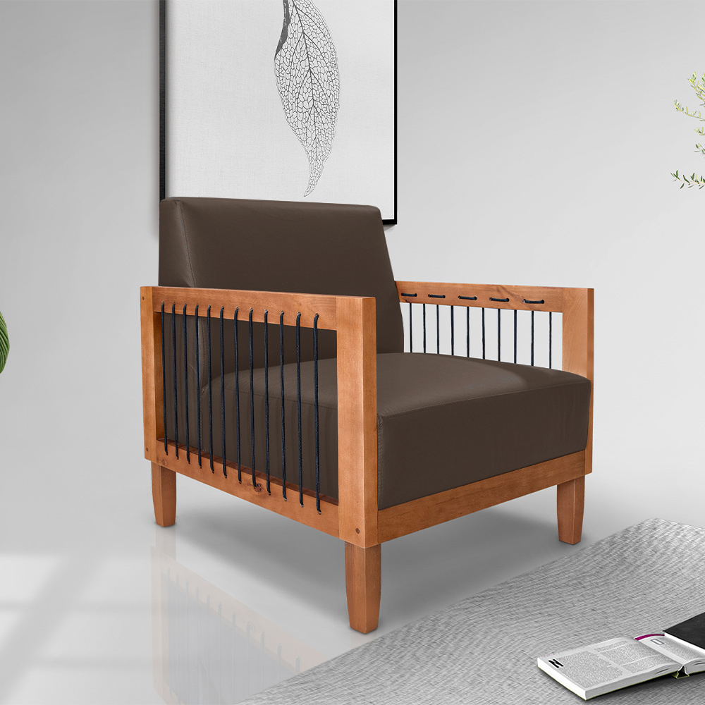Poltrona Sala de Estar Pés Madeira Maciça Corda Náutica Preta 75cm Manila PU Marrom G63 - Gran Belo