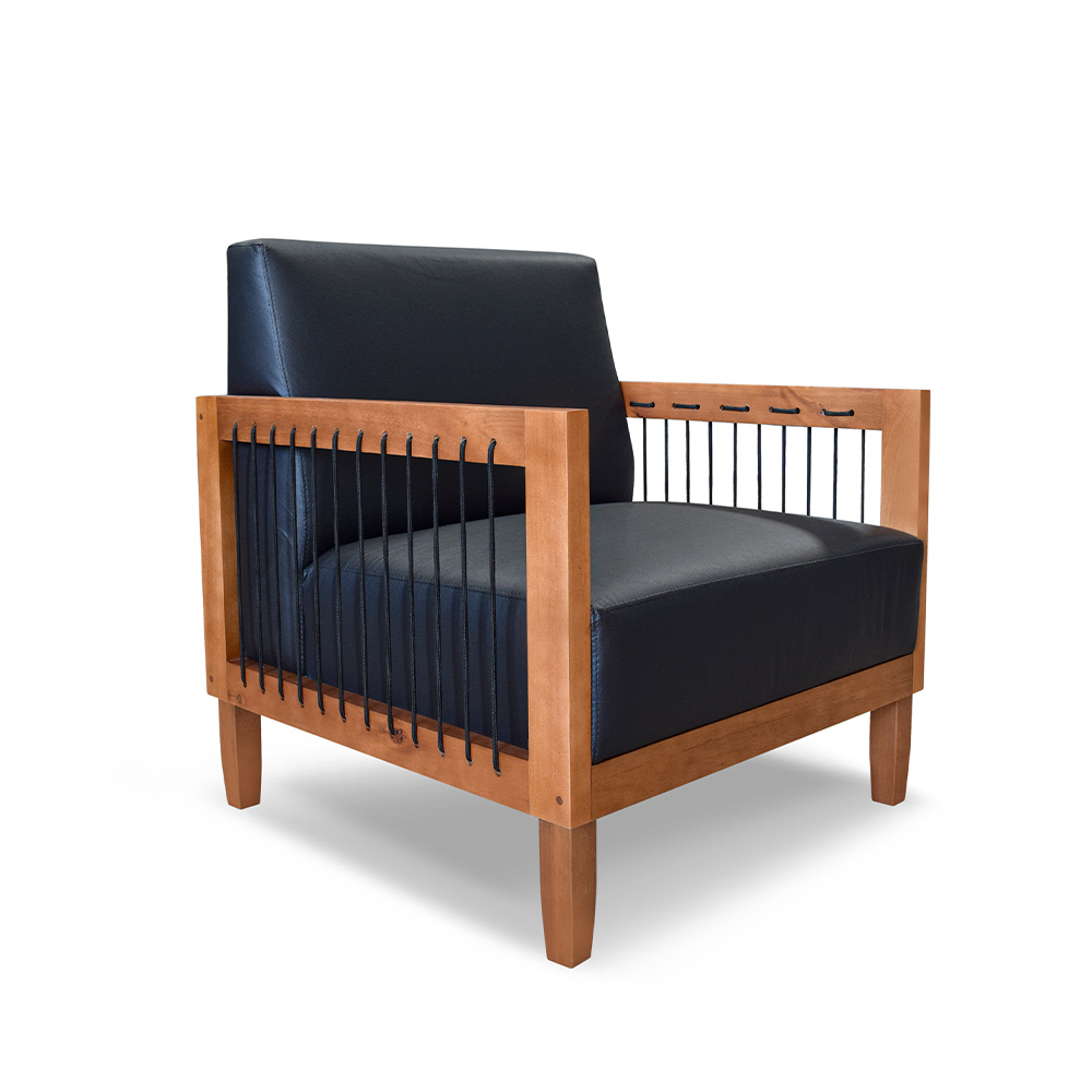 Poltrona Sala de Estar Pés Madeira Maciça Corda Náutica Preta 75cm Manila PU Preto G63 - Gran Belo