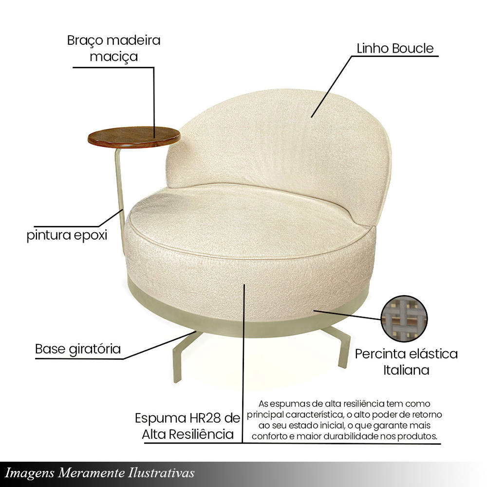 Poltrona Sala de Estar Pés em Ferro Champagne Giratória Braço Madeira Maciça 86cm Banff Bouclê Bege G63 - Gran Belo
