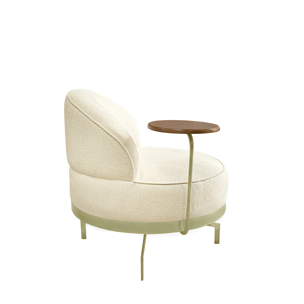 Poltrona Sala de Estar Pés em Ferro Champagne Giratória Braço Madeira Maciça 86cm Banff Bouclê Bege G63 - Gran Belo