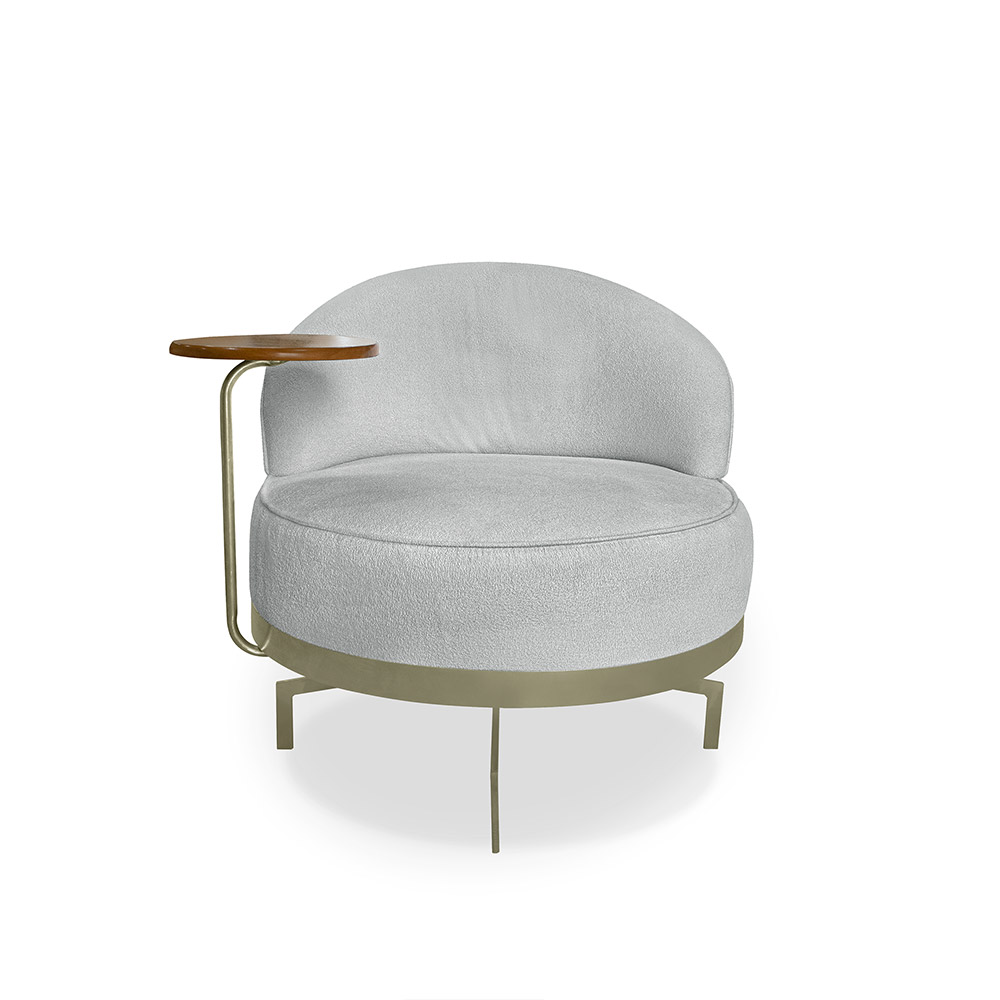 Poltrona Sala de Estar Pés em Ferro Champagne Giratória Braço Madeira Maciça 86cm Banff Bouclê Cinza G63 - Gran Belo