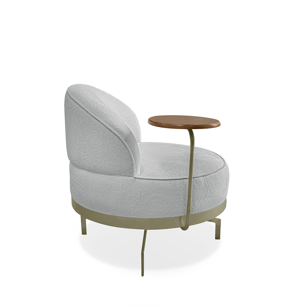 Poltrona Sala de Estar Pés em Ferro Champagne Giratória Braço Madeira Maciça 86cm Banff Bouclê Cinza G63 - Gran Belo