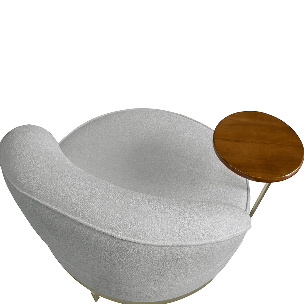 Poltrona Sala de Estar Pés em Ferro Champagne Giratória Braço Madeira Maciça 86cm Banff Bouclê Cinza G63 - Gran Belo