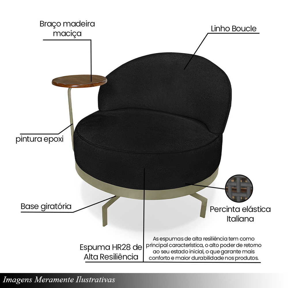 Poltrona Sala de Estar Pés em Ferro Champagne Giratória Braço Madeira Maciça 86cm Banff Bouclê Preto G63 - Gran Belo