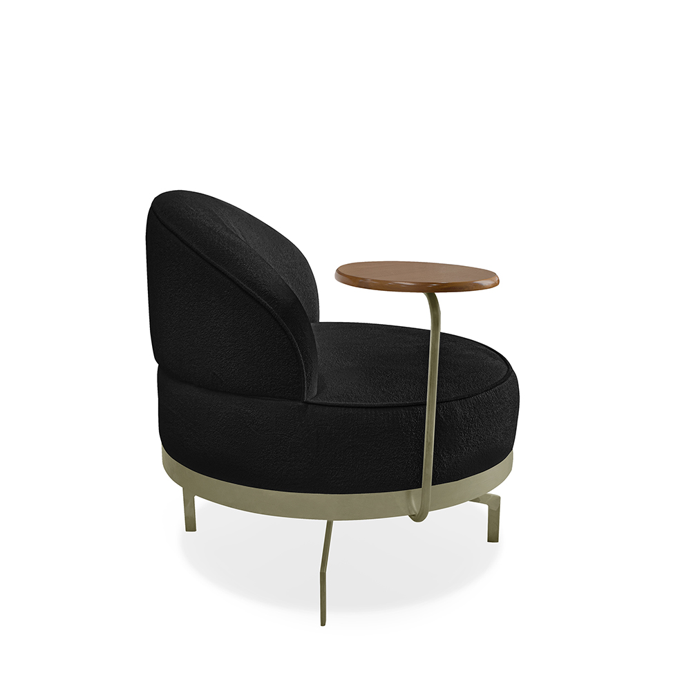 Poltrona Sala de Estar Pés em Ferro Champagne Giratória Braço Madeira Maciça 86cm Banff Bouclê Preto G63 - Gran Belo