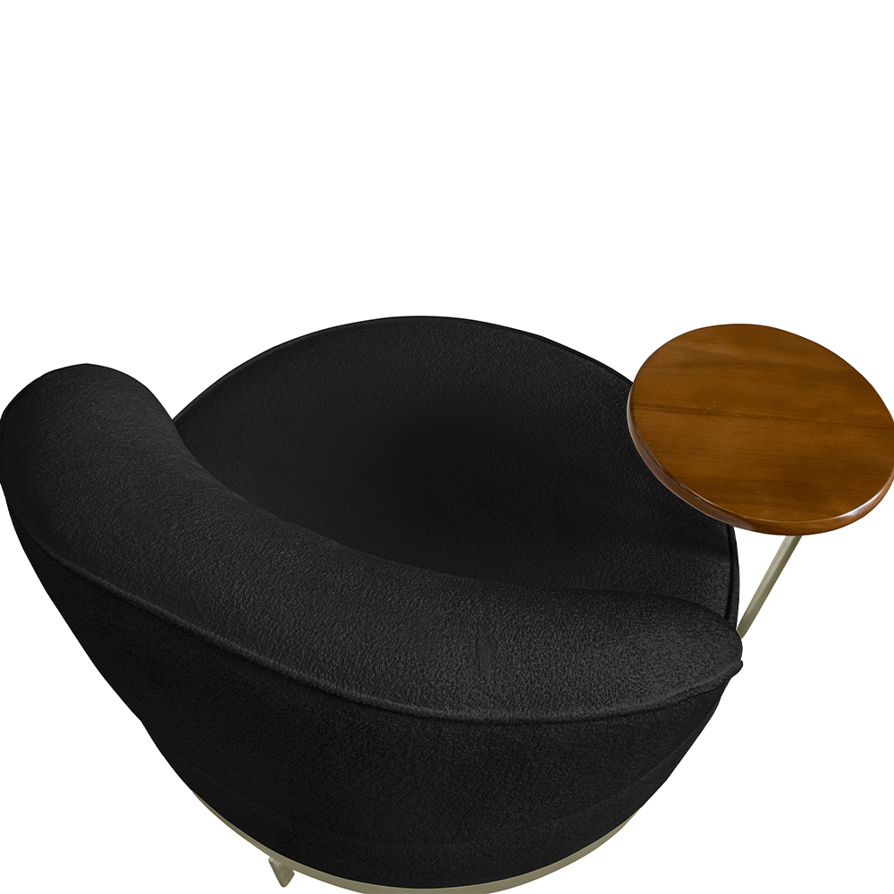 Poltrona Sala de Estar Pés em Ferro Champagne Giratória Braço Madeira Maciça 86cm Banff Bouclê Preto G63 - Gran Belo