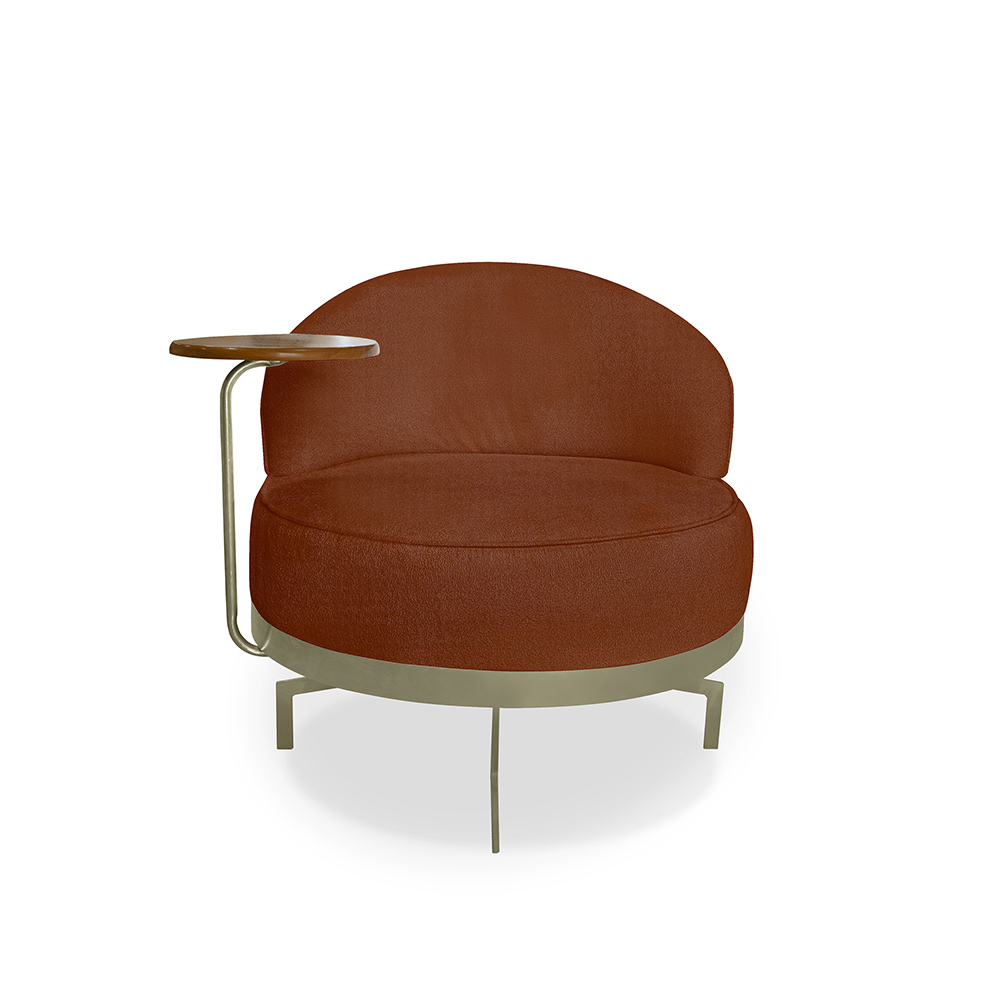 Poltrona Sala de Estar Pés em Ferro Champagne Giratória Braço Madeira Maciça 86cm Banff Bouclê Terracota G63 - Gran Belo