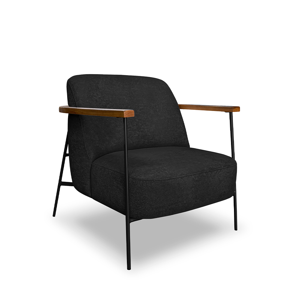 Poltrona Sala de Estar Pés em Ferro Preto Braço Madeira Maciça 86cm Thane Bouclê Preto G63 - Gran Belo