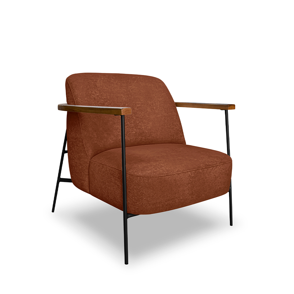 Poltrona Sala de Estar Pés em Ferro Preto Braço Madeira Maciça 86cm Thane Bouclê Terracota G63 - Gran Belo
