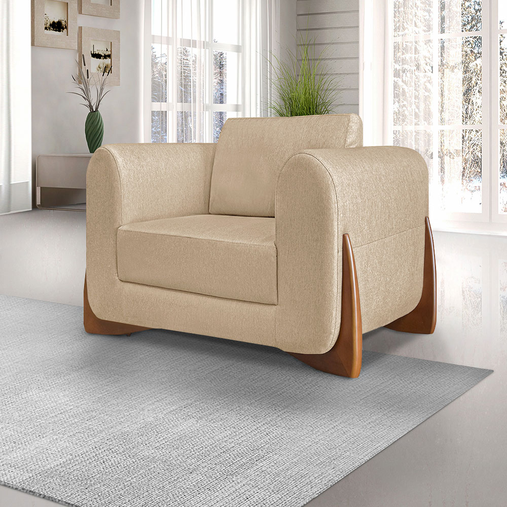 Poltrona Sala de Estar Pés em Madeira Buzz Linho Bege G63 - Gran Belo