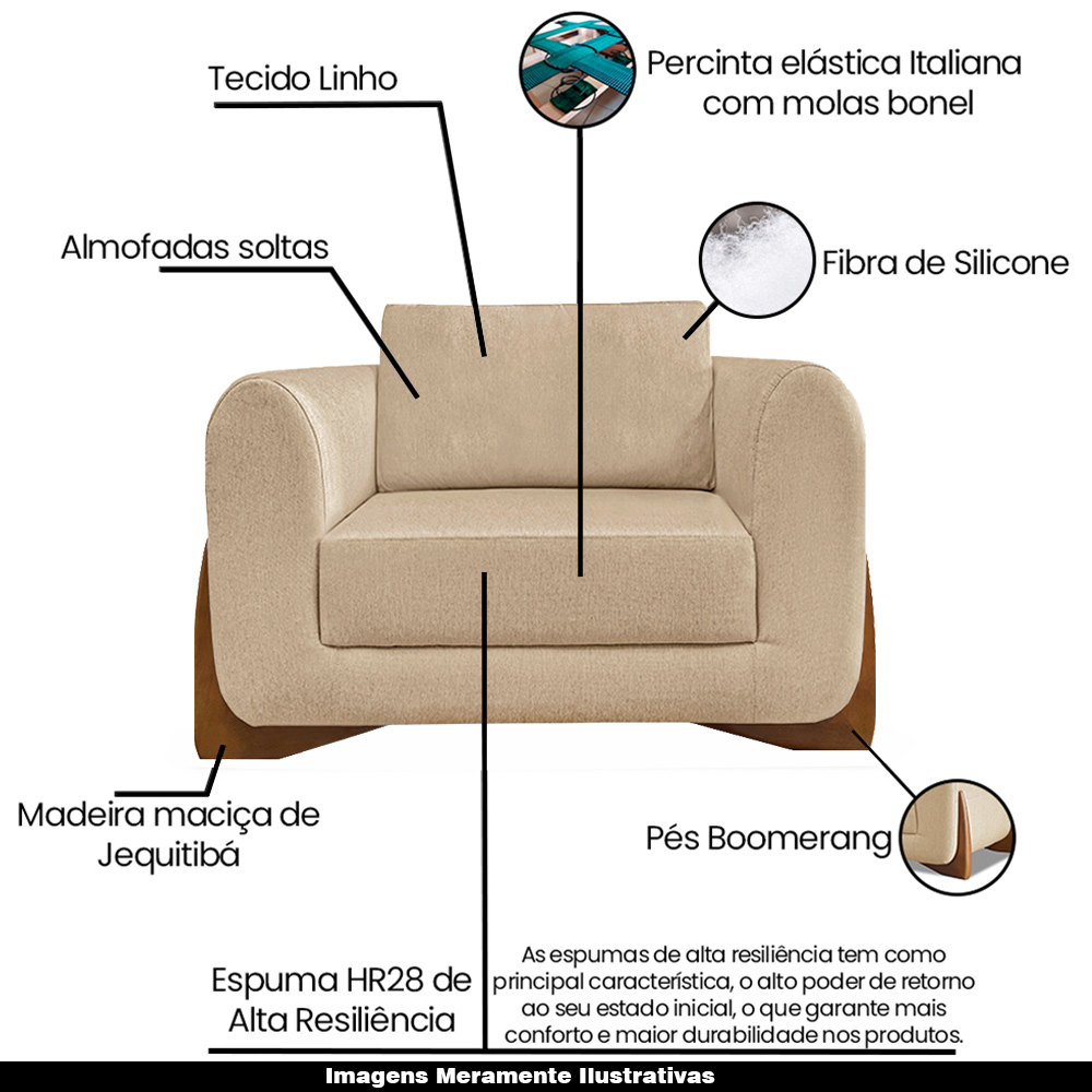 Poltrona Sala de Estar Pés em Madeira Buzz Linho Bege G63 - Gran Belo