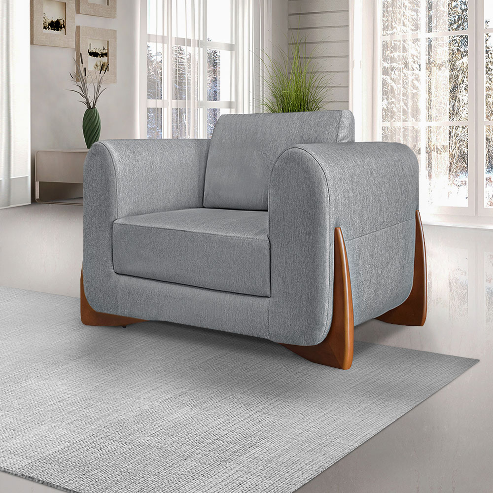 Poltrona Sala de Estar Pés em Madeira Buzz Linho Cinza G63 - Gran Belo